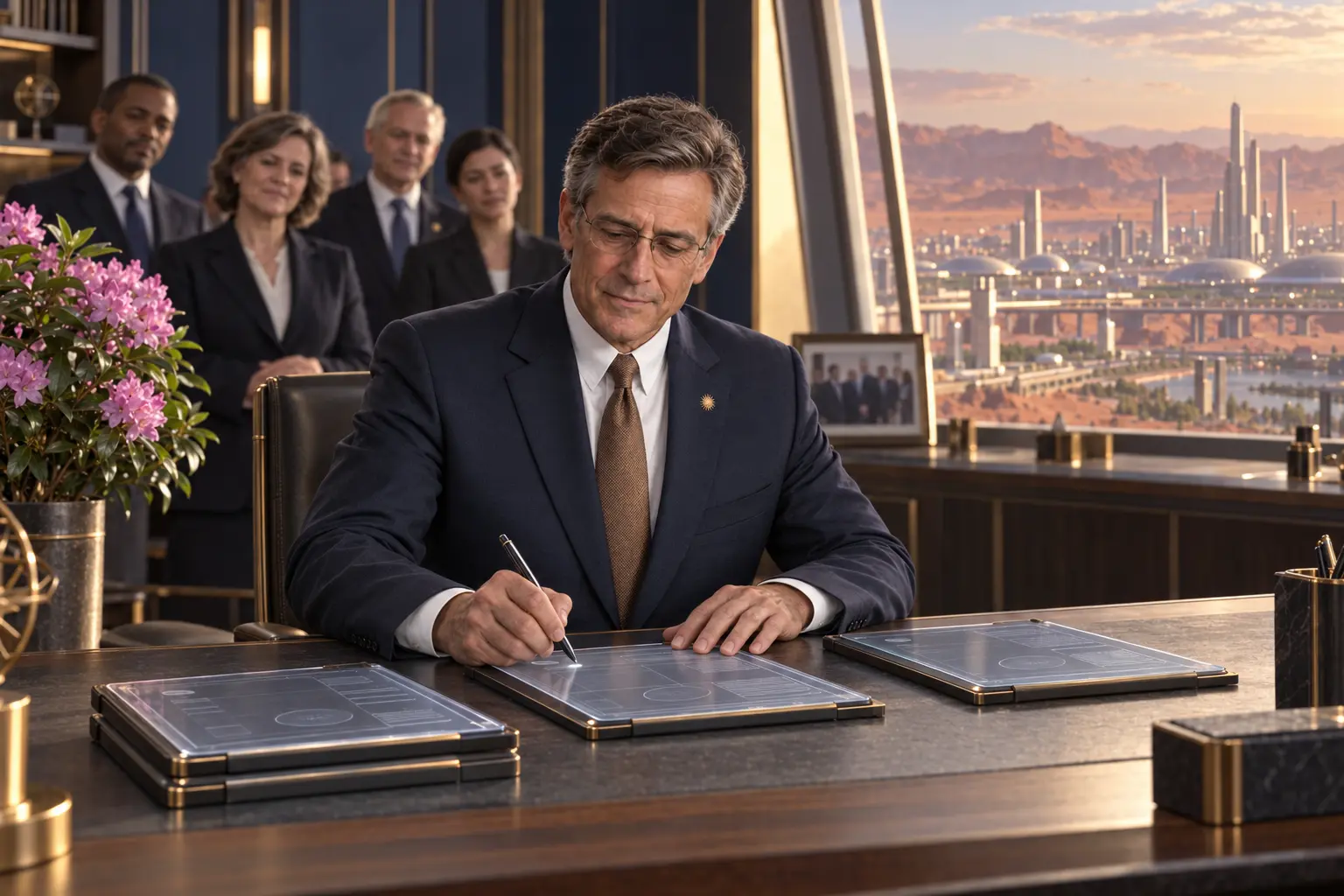President Felix Rhodes signs a package of infrastructure bills at his desk while civilian officials look on.