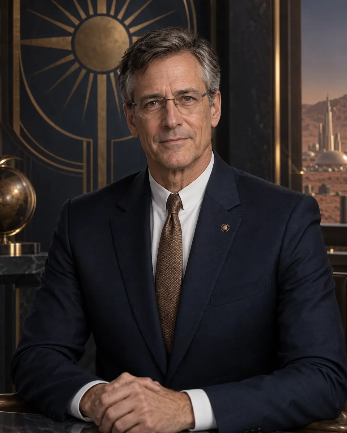 Official portrait of President Felix Rhodes, wearing horn-rimmed glasses and a dark civilian suit in his Martian office.