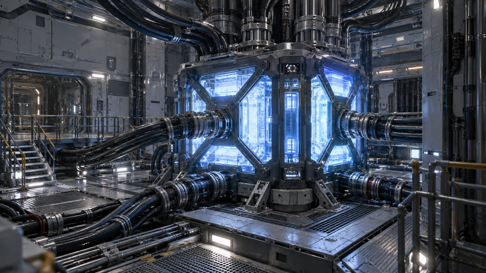 Idalia’s blue-white illuminated rectangular AI core, connected to multiple conduits extending into the surrounding ship.