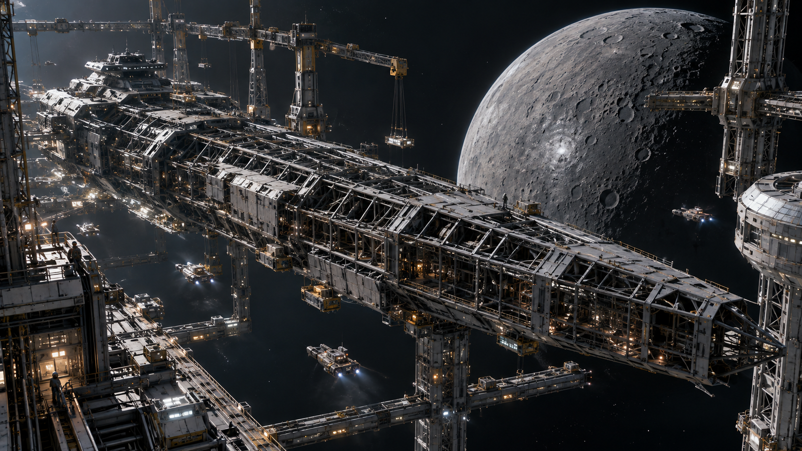 The exposed structural ribs of SCS Intrepid inside an orbital construction dock near Ceres, surrounded by scaffolds and yard craft.
