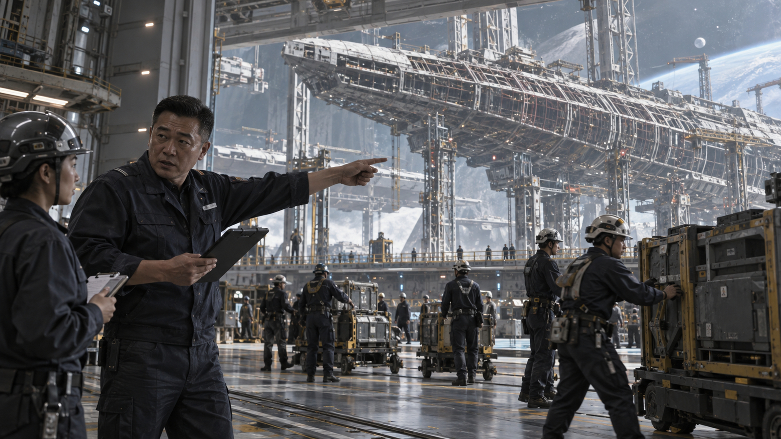 Shipmaster General Kong Liao directs workers moving supply crates through the shipyard toward Intrepid.