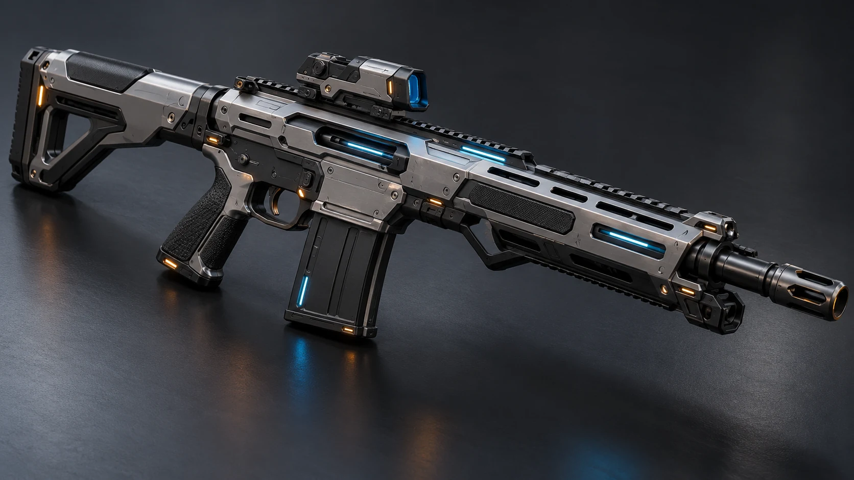 A silver and graphite futuristic service carbine displayed on a dark product stage with cyan and amber accents.
