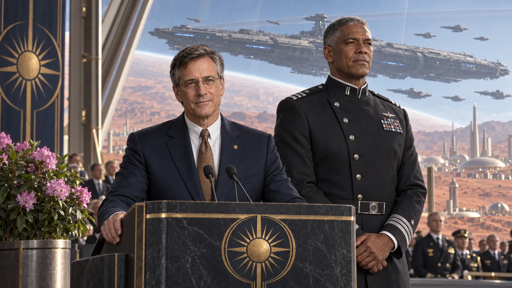 President Felix Rhodes and Vice Admiral Victor Black at an inauguration podium, with the Bastion-class battlecruiser SCS Excelsior and the Second Fleet above Mars.