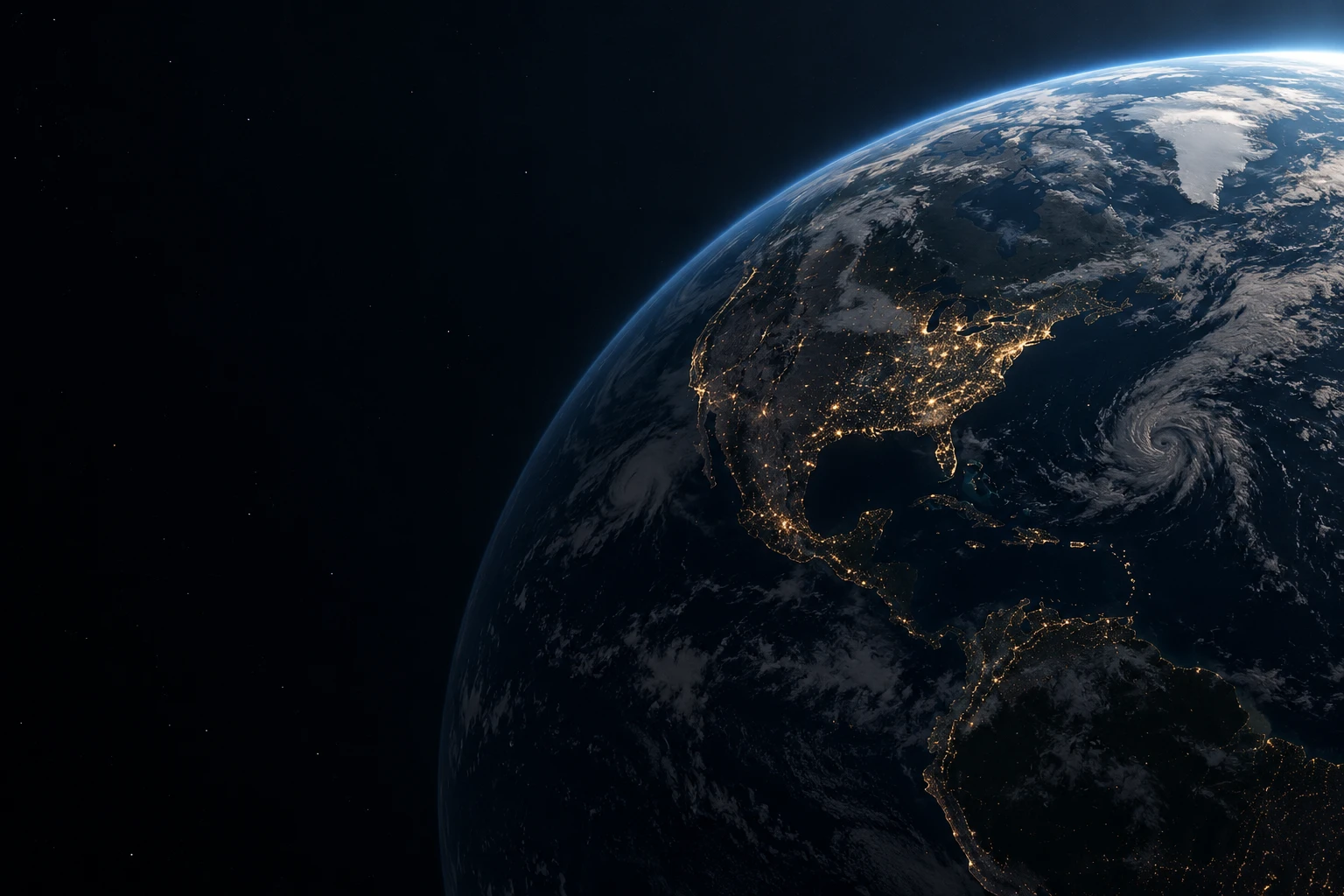 Earth at night, its blue atmospheric edge illuminated above a field of city lights.