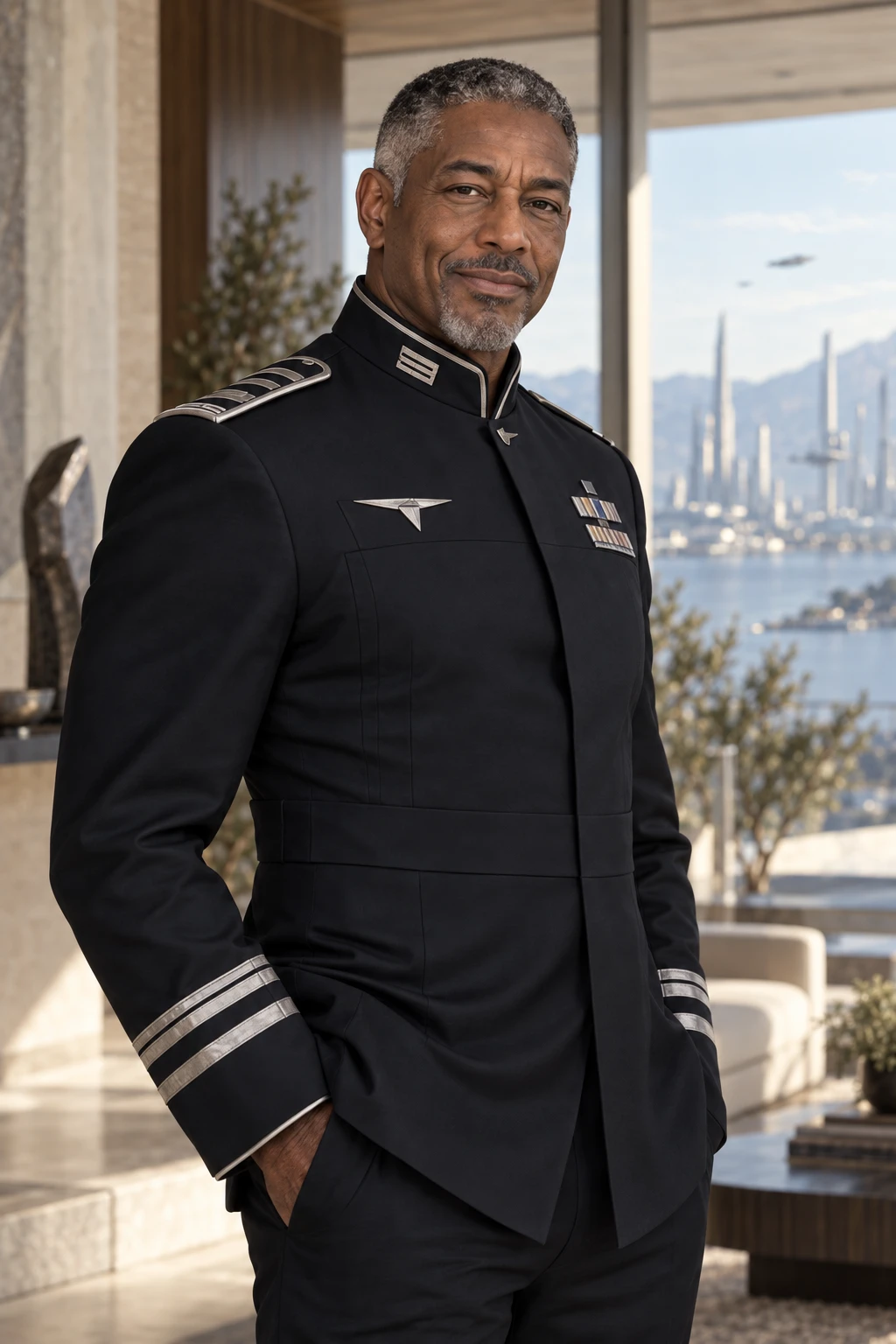 Vice Admiral Victor Black, a fit 52-year-old Black American man with salt-and-pepper hair, wearing a dark naval dress uniform.