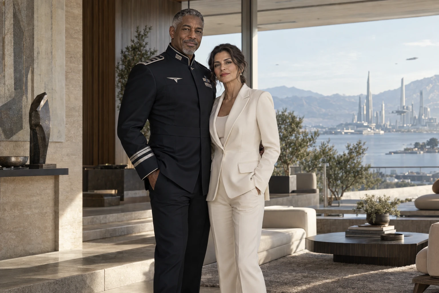 Victor Black in a dark naval dress uniform beside Eva Aurelius-Black in an ivory suit, standing together in a sunlit residence.